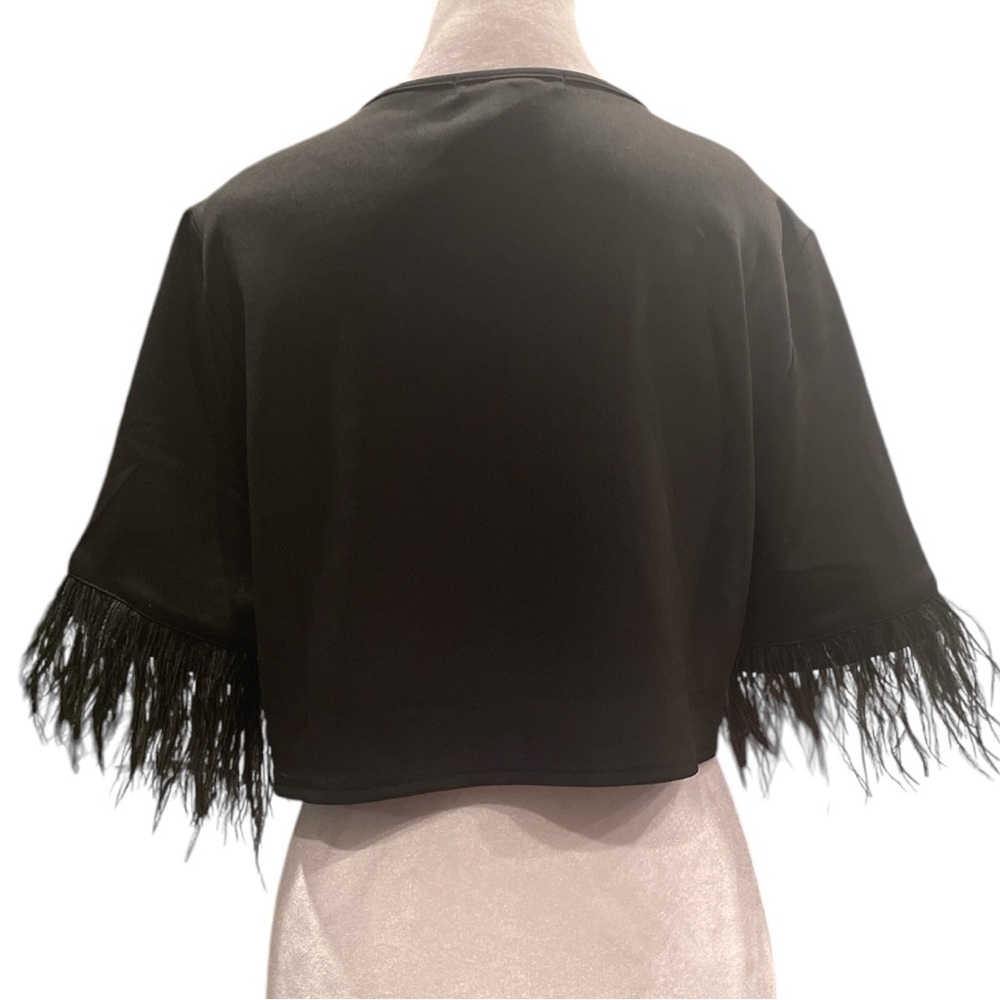 Black Feather Trim Bolero Shrug L Evening Cocktail Wedding Guest - Picture 4 of 8